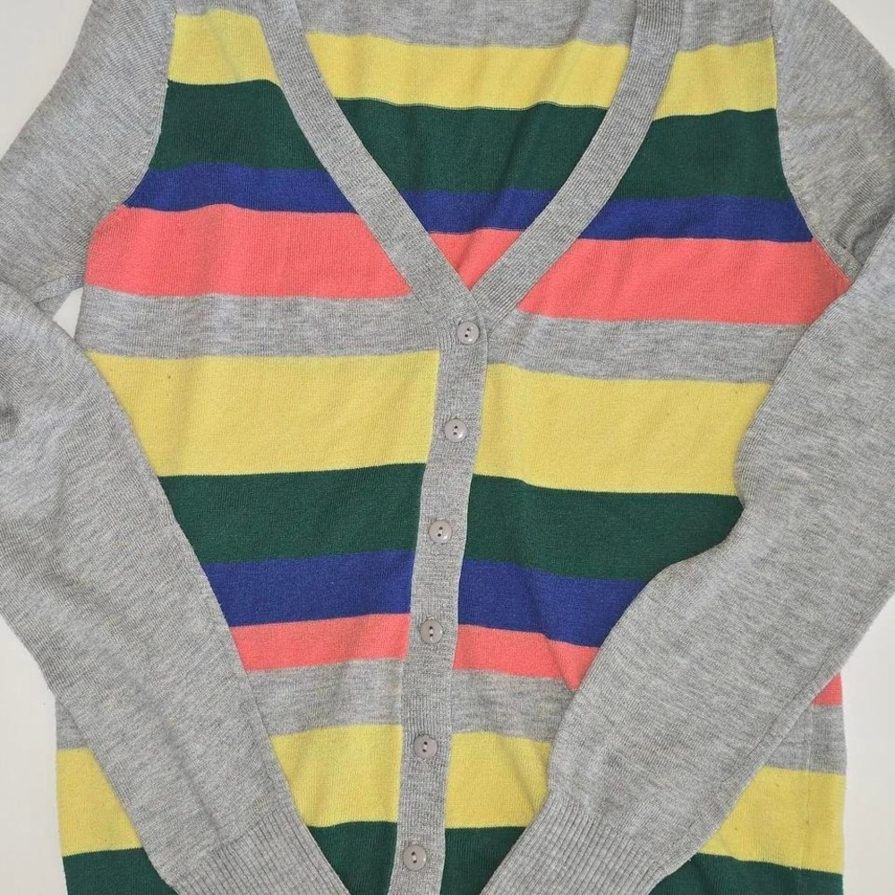 XXI Colorful‎ Striped V Neck Cardigan Sweater Gray Trim Size M